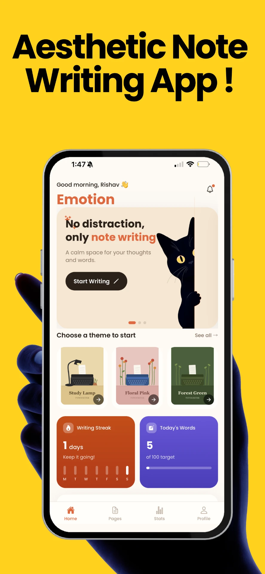 Emotion home screen showing themes and writing streak